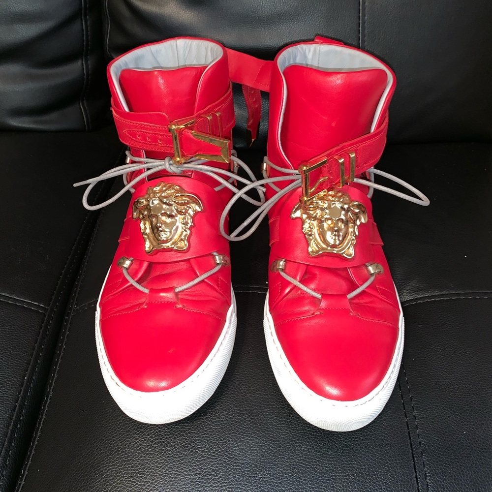 Authentic Red Leather Versace High Top Sneakers